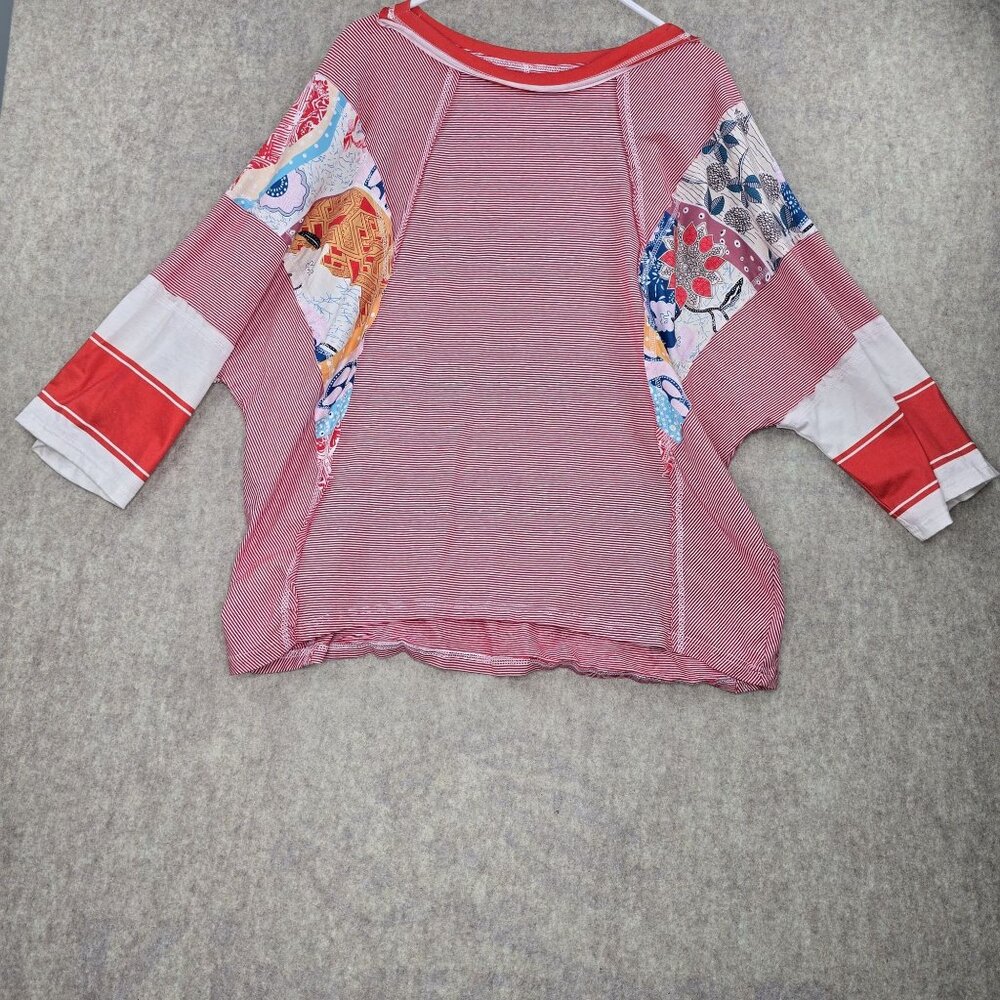 Red & White Patchwork Striped Loose Cotton Blend Top Size L